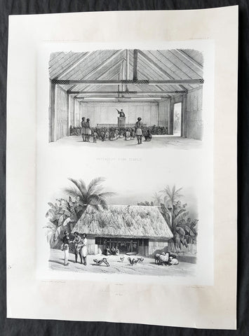 1842 D Urville & Le Breton Antique Print Church & Chief Tupou I Hut Vavau, Tonga