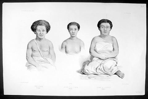 C1842 D Urville & Goupil Antique Print Chief Pea, Daughter & Wife of Apia, Samoa