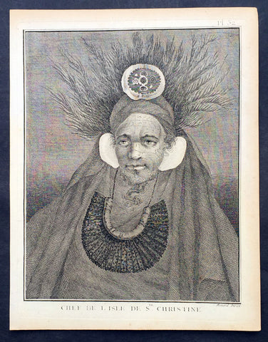 1778 Capt. Cook Antique Print Portrait Chief of Tahuata, Marquesas Isles in 1774
