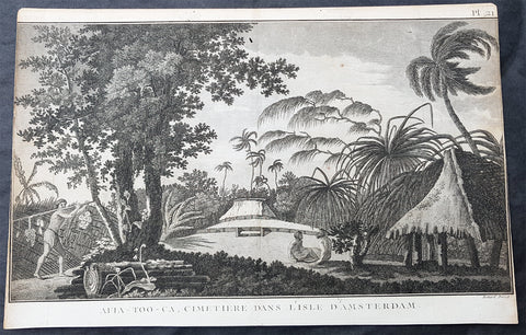 1785 Capt Cook Antique Print View of Tongatapu Tonga Burial Mounds or Langi 1777