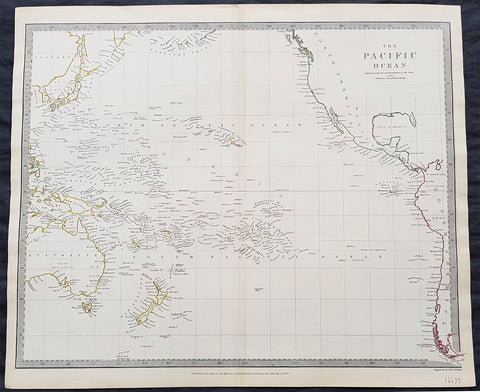 1840 SDUK Antique Map of The Pacific Ocean, North America, Japan, Australia, New Zealand