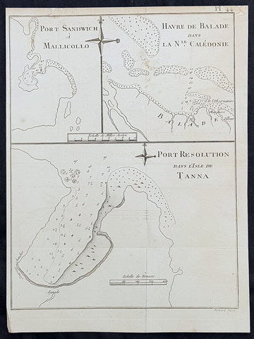 1778 Capt. Cook Antique Maps of Maleku, Tanna Vanuatu & New Caledonia, Cook 1774