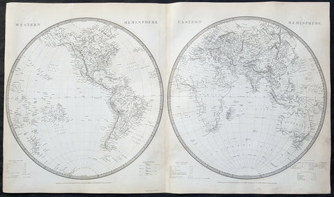 1837 SDUK Large Original Antique Twin Hemisphere World Map