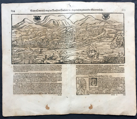 1598 Munster Antique Map a View of the German City of Landau, Munich, Bavaria