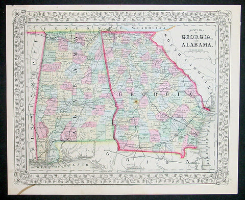 1870 Samuel Augustus Mitchell County Antique Map of Georgia and Alabama