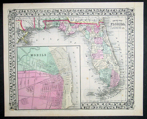 1870 Samuel Augustus Mitchell Antique County Map of Florida