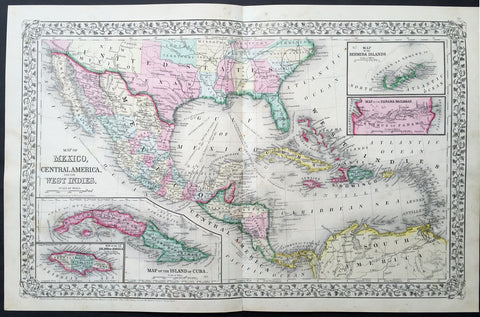 1870 Mitchell Large Antique Map of GOM, Texas, Mexico, Central America Caribbean