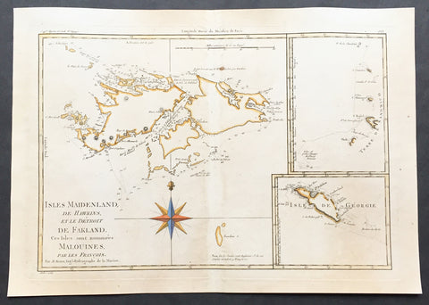 1780 Rigobert Bonne Old, Antique Map of the Falkland Islands - Malvinas Is.
