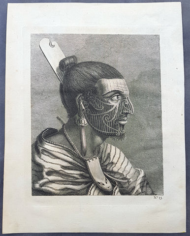 1773 Cook Original 1st Ed. Antique Print of a Tattooed New Zealand Maori Warrior
