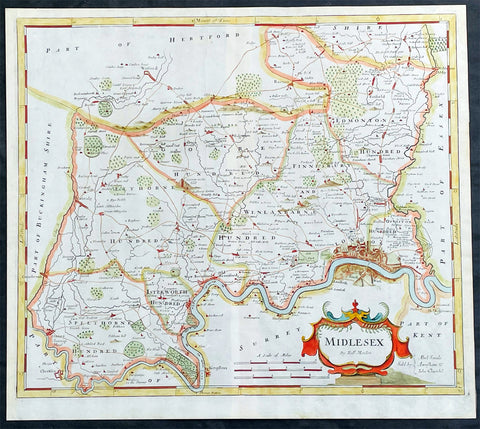1722 Robert Morden Antique Map of The English County of Middlesex, London