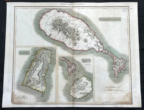 1817 John Thompson Large Antique Map Caribbean Is. St Christopher St Lucia Nevis