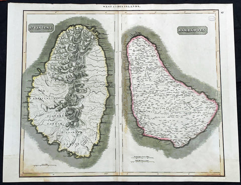 1817 John Thompson Large Antique Map Caribbean Islands of St Vincent & Barbados