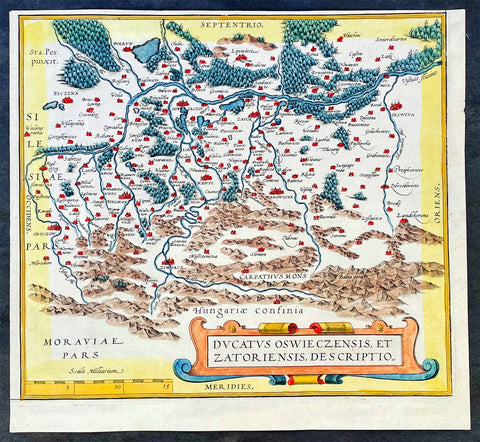 1574 Ortelius Antique Map of Oswięcim & Zator Regions Southern Poland Carpathian