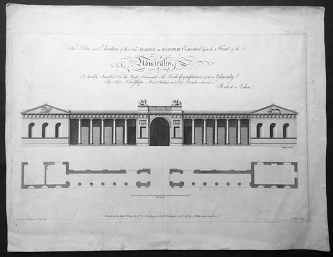 1760 Adam Large Original Antique Print of Admiralty Screen, Whitehall London