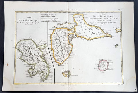 1780 Rigobert Bonne Antique Map of Caribbean Islands of Guadeloupe & Martinique