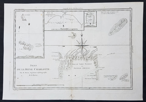 1780 Bonne Original Antique Map of Santa Cruz Isles, Solomon Islands Sth Pacific Lord Howe, Nendo