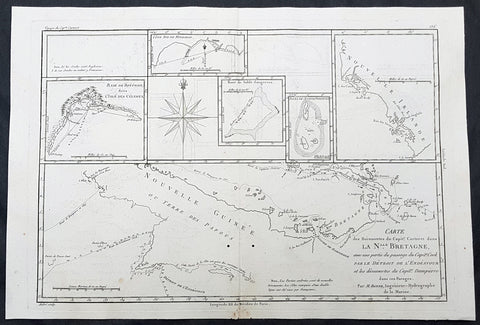 1780 Rigobert Bonne Antique Map of New Guinea, William Dampier 1699 - 5 Harbours