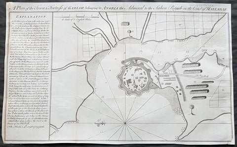 1760 Bowen Antique Map, Plan Fort & Town of Vijaydurg, Maharashtra State, India