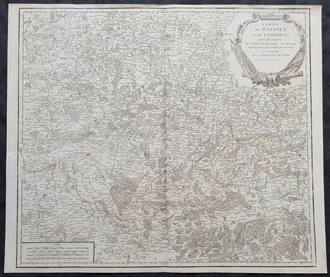 1757 Robert De Vaugondy Large Antique Map The County of Hainaut Belgium & France
