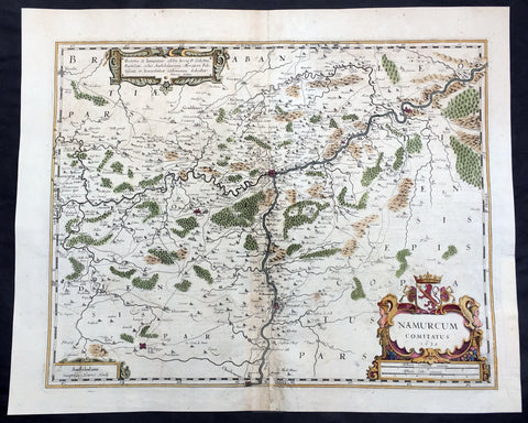 1636 Mercator Hondius Large Antique Map of Namur Region of Belgium, Huy & Meuse