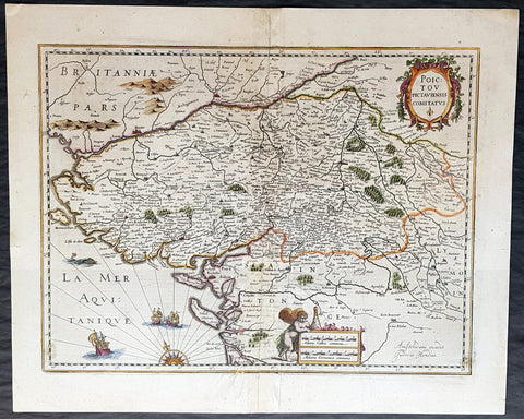 1638 Joducus Hondius Antique Map Poitou Region, France, Huguenots Fled to Acadia