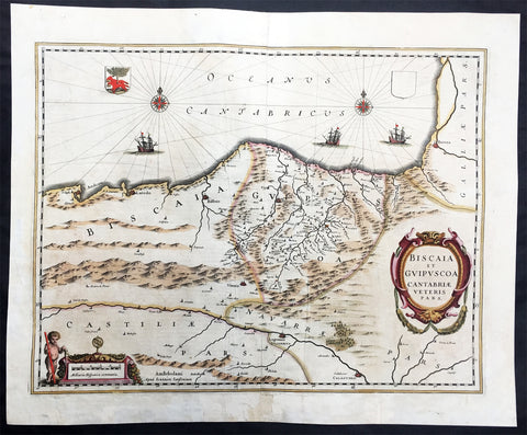 1639 Mercator Hondius Large Antique Map of Basque Region of Spain, Bilbao