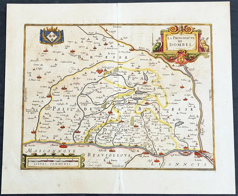 1638 Henricus Hondius Antique Map of the Principality of Dombes, Ain, SE France