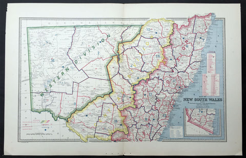 1888 Pic Atlas Large Antique Map of NSW, Australia Political & Local Borders