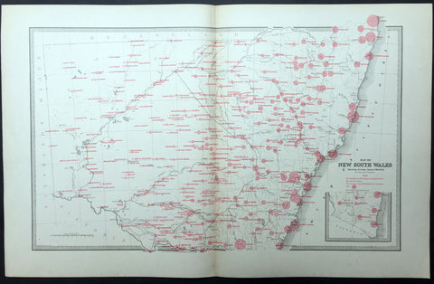 1886 Picturesque Atlas Large Antique Rainfall Map of New South Wales, Australia