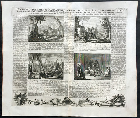 1719 Chatelain Large Antique Print of 4 Various African Village Scenes
