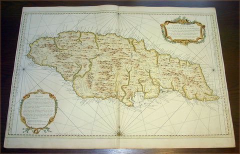 1758 Bellin Very Large Antique Map Sea Chart of the Caribbean Island of Jamaica