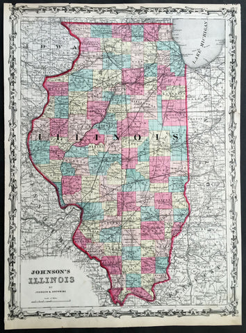 1860 A J Johnson Large Antique 1st edition Map of The State of Illinois, USA