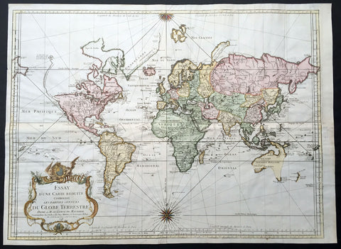 1748 J N Bellin Large Antique World Map on Mercators Projection - 1st edition
