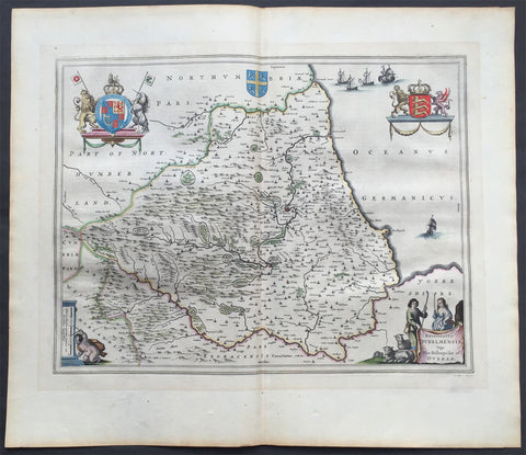 1647 Blaeu Old, Antique Map of The English County of Durham