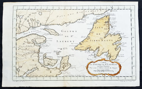 1755 Bellin Original Antique Map of Gulf of St Lawrence & Newfoundland, Canada