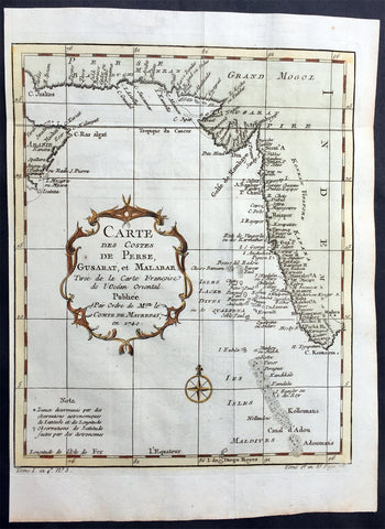 1755 Bellin Antique Coastal Map of Western India, Pakistan, Iran & Saudi Arabia