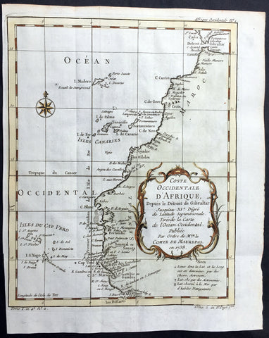 1738 Bellin Antique Coastal Map of NW Africa - Gambia to Morocco, Gibraltar