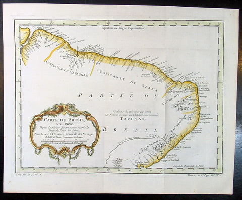 1757 Nicolas Bellin Original Antique Map of Brazil, South America