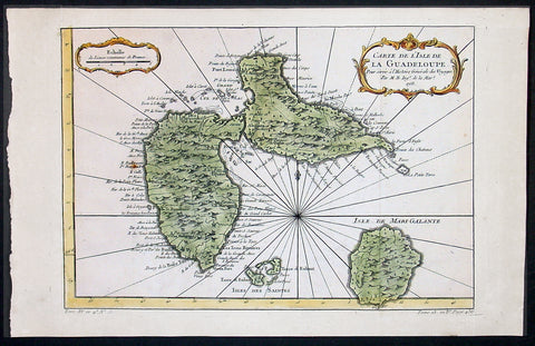 1758 Bellin Antique Map of Guadeloupe Islands, Caribbean, West Indies