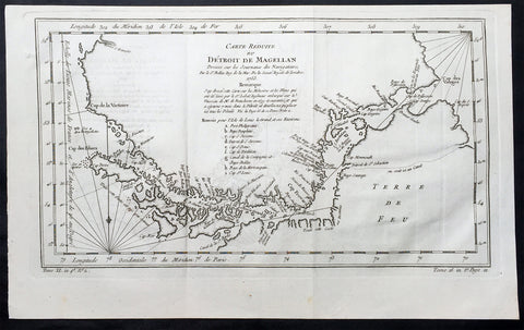 1753 Bellin Original Antique Map of Magellan Straits, Argentine Tierra Del Fuego