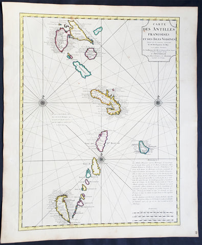 1725 Delisle Large Antique Map The West Indies - Antilles, Guadeloupe to Granada