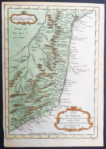 1755 Nicolas Bellin Original Antique Map of Brazil, San Salvador to Sao Paulo