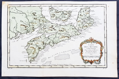 1757 Nicolas Bellin Original Antique Map of Arcadia in Nova Scotia, Canada