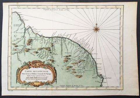1757 Nicolas Bellin Original Antique Map of Guyana, South America