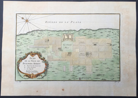 1757 Nicolas Bellin Antique Map, Plan of the City of Buenos Aires, Argentina