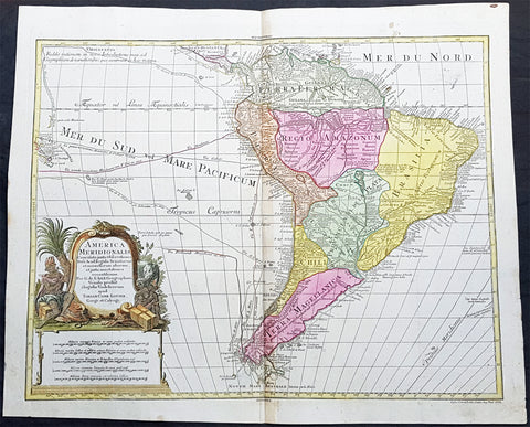 1772 Tobias Lotter Large Antique Map of South America, Magellan, Drake, Le Maire