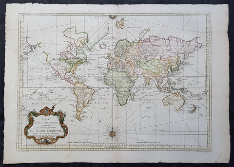 1770 JN Bellin Very Large Original Antique World Map on Mercators Projection