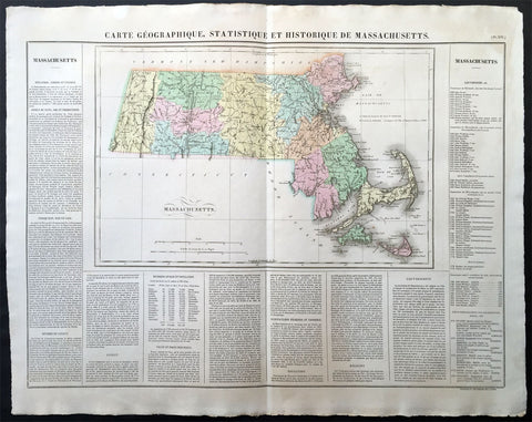 1825 Carey & Lea, Buchon Large Antique Map of the State of Massachusetts, USA