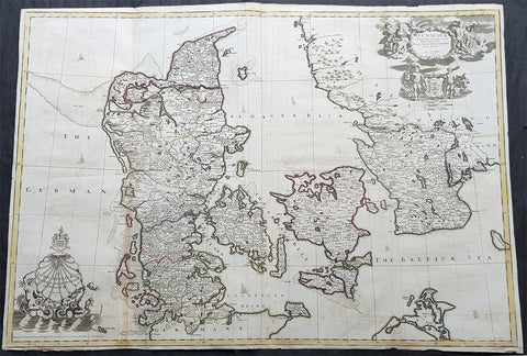 1720 John Senex Large Antique Map of Denmark & Southern Sweden