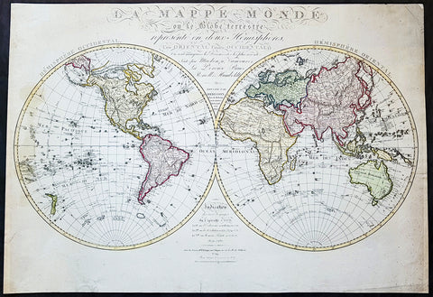 1827 Herisson Large Rare Original Antique Twin Hemisphere World Map, Capt J Cook